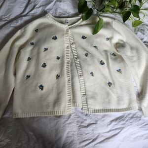 Wishlist Cream Button-Up Cardigan with Blue Floral Embroidery